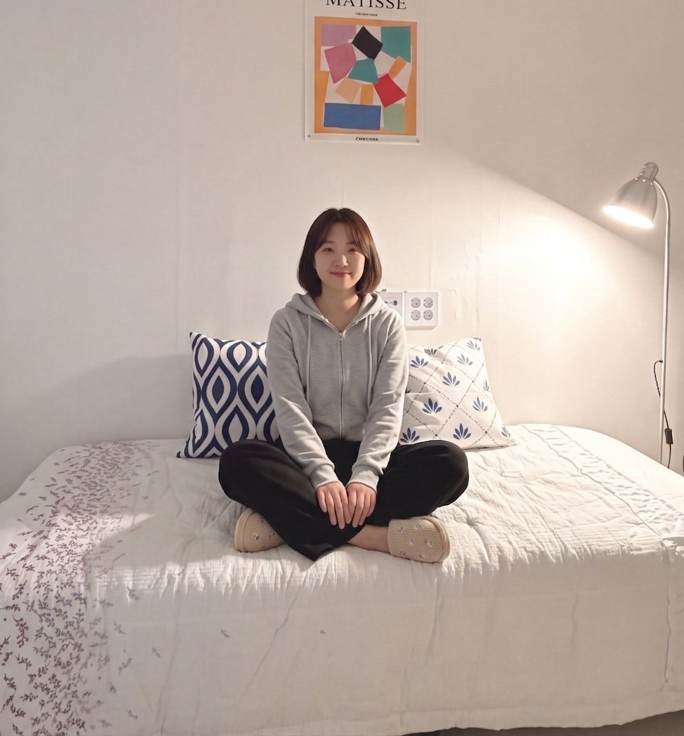 부천 고시원 윤슬스테이 객실 침대에 앉은 모델 연출 사진, 벽에 포스터와 스탠드 조명